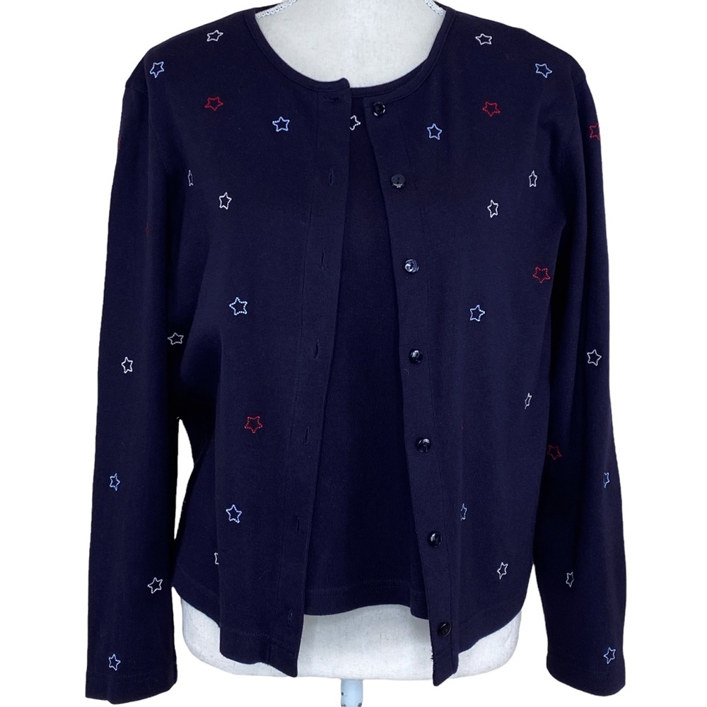 Talbots Navy Embroidered Red, White & Blue Stars Coordinating Cardigan Set Small